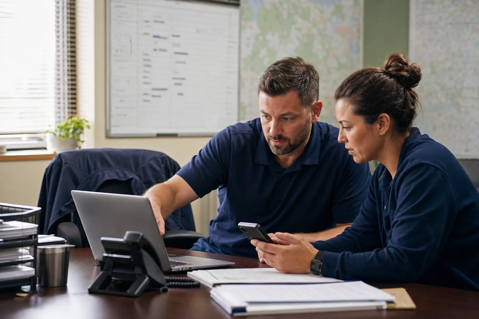 Home-service owner and dispatcher reviewing the schedule