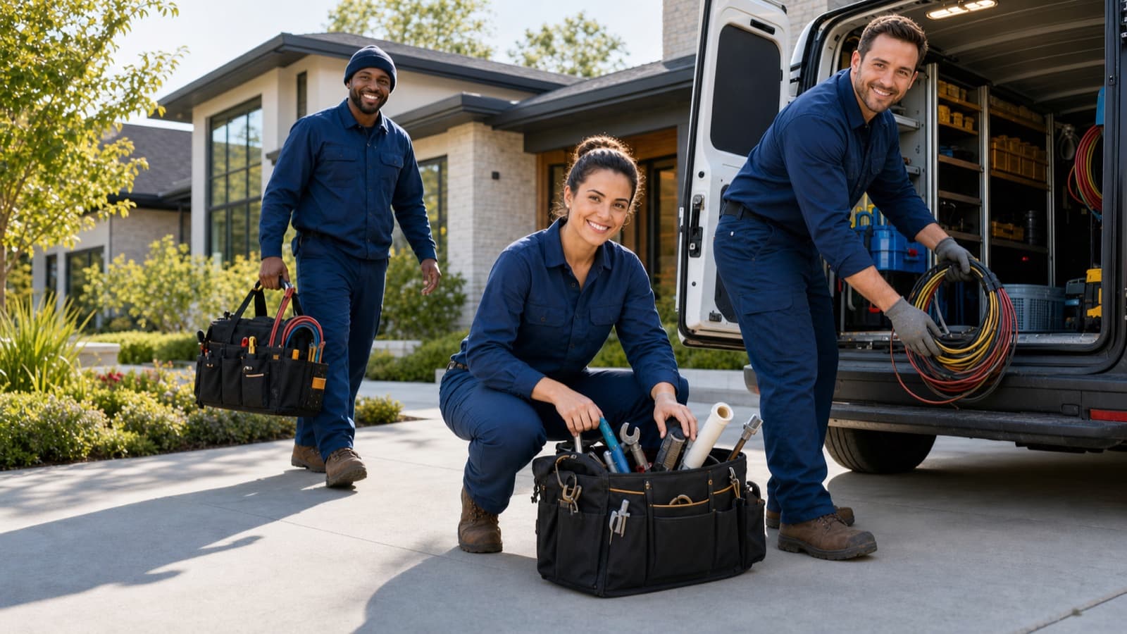 Home-service technicians arriving at a residential property